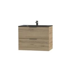 Tiger Studio Badkamermeubel 80 Cm Chalet Eiken Met Wastafel Polybeton Mat Zwart Greep Rvs Plat -Badkamer Winkel 123 1130