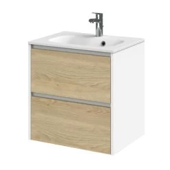 Tiger Reverse Meubelset Met 2 Lades 60 Cm Naturel Eik / Mat Wit Inclusief Oval Wastafel Mat Wit