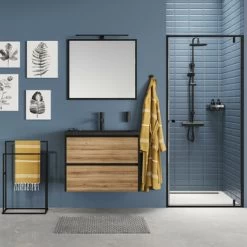 Tiger Reverse Meubelset Met 2 Lades 60 Cm Chalet Eik / Mat Zwart Inclusief Quadro Wastafel Mat Zwart -Badkamer Winkel 123 1262