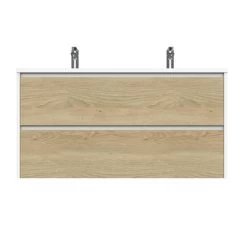 Tiger Reverse Meubelset 120 Cm Met 2 Lades Naturel Eik / Mat Wit Inclusief Quadro Wastafel Dubbel Hoogglans Wit -Badkamer Winkel 123 228