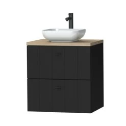 Tiger Maryport Badkamermeubelset 60 Cm Mat Zwart Met Licht Eiken Wasblad, Keramische Opzetkom En Matzwarte Grepen