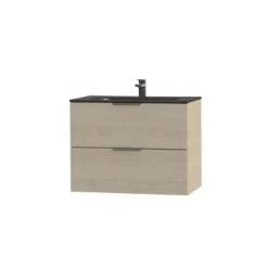 Tiger Studio Badkamermeubel 80 Cm Naturel Eiken Met Wastafel Polybeton Mat Zwart Greep Rvs Plat -Badkamer Winkel 123 706