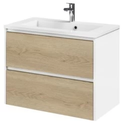 Tiger Reverse Meubelset 80 Cm Met 2 Lades Naturel Eik / Mat Wit Inclusief Quadro Wastafel Hoogglans Wit