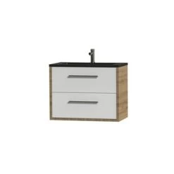 Tiger Badkamermeubel Boston 80 Cm Chalet Eik Met Polybeton Wastafel Mat Zwart En Ronde Grepen RVS -Badkamer Winkel 123 791