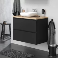 Tiger Karlo Badkamermeubel 80cm Mat Zwart Met Eiken Wasblad En Keramische Waskom -Badkamer Winkel 123 808