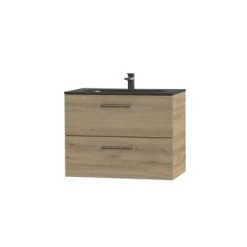 Tiger Studio Badkamermeubel 80 Cm Chalet Eiken Met Wastafel Polybeton Mat Zwart Greep Rvs Afgerond -Badkamer Winkel 123 832