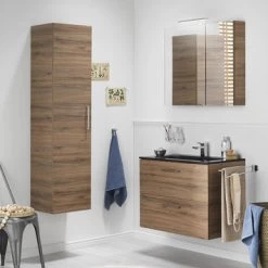 Tiger Studio Badkamermeubel 80 Cm Chalet Eiken Met Wastafel Polybeton Mat Zwart Greep Rvs Afgerond -Badkamer Winkel 123 833