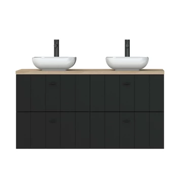 Tiger Maryport Badkamermeubelset 120 Cm Mat Zwart Met Licht Eiken Houten Wasblad, Keramische Opzetkommen En Matzwarte Grepen 4 Tiger Maryport Badkamermeubelset 120 Cm Mat Zwart Met Licht Eiken Houten Wasblad, Keramische Opzetkommen En Matzwarte Grepen - Afbeelding 4