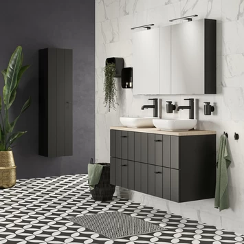 Tiger Maryport Badkamermeubelset 120 Cm Mat Zwart Met Licht Eiken Houten Wasblad, Keramische Opzetkommen En Matzwarte Grepen 9 Tiger Maryport Badkamermeubelset 120 Cm Mat Zwart Met Licht Eiken Houten Wasblad, Keramische Opzetkommen En Matzwarte Grepen - Afbeelding 9