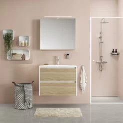 Tiger Reverse Meubelset 60 Cm Met 2 Lades Naturel Eik / Mat Wit Inclusief Oval Wastafel Hoogglans Wit -Badkamer Winkel 123 892