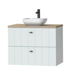 Tiger Maryport Badkamermeubelset 80 Cm Mat Wit Met Licht Eiken Wasblad, Keramische Opzetkom En Matzwarte Grepen