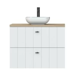 Tiger Maryport Badkamermeubelset 80 Cm Mat Wit Met Licht Eiken Wasblad, Keramische Opzetkom En Matzwarte Grepen -Badkamer Winkel 123 916