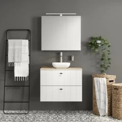 Tiger Maryport Badkamermeubelset 80 Cm Mat Wit Met Licht Eiken Wasblad, Keramische Opzetkom En Matzwarte Grepen -Badkamer Winkel 123 922