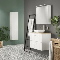 Tiger Maryport Badkamermeubelset 80 Cm Mat Wit Met Licht Eiken Wasblad, Keramische Opzetkom En Matzwarte Grepen -Badkamer Winkel 123 923